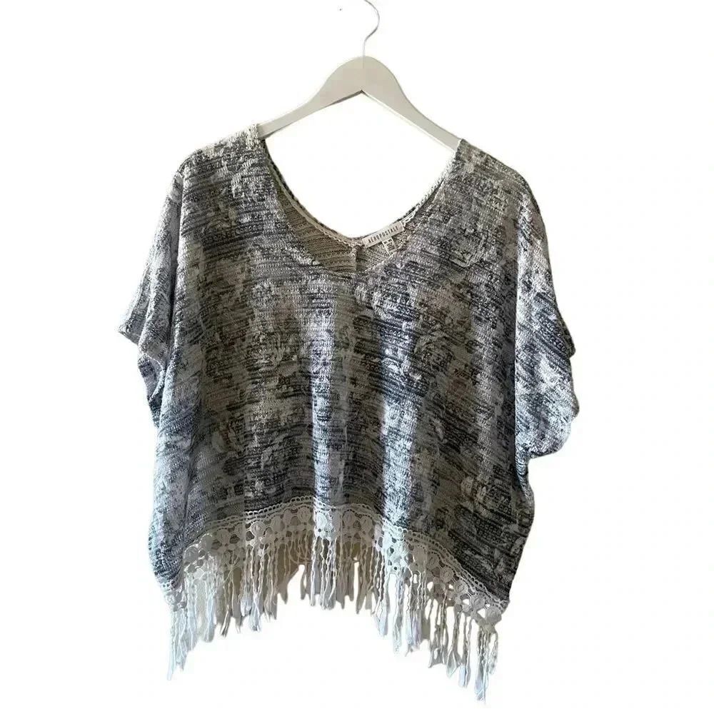Aeropostale Poncho Boho Fringe Cropped Tassels Gray Women Top Cover-up SZ M/L